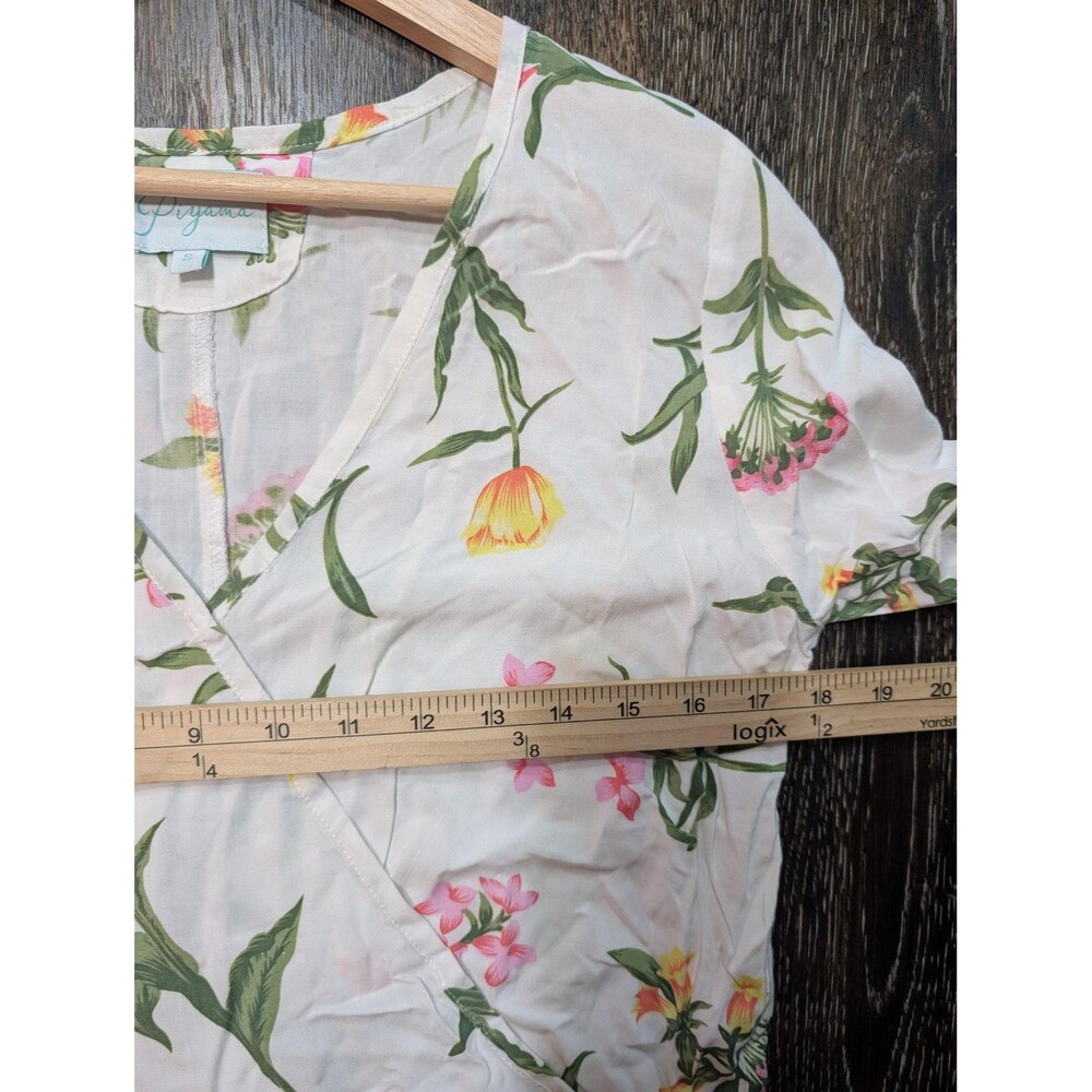 Piyama Romper Womens Small White Floral Wrap Ruffle Hem 3/4 Sleeve V Neck Boho‎ - Picture 7 of 8